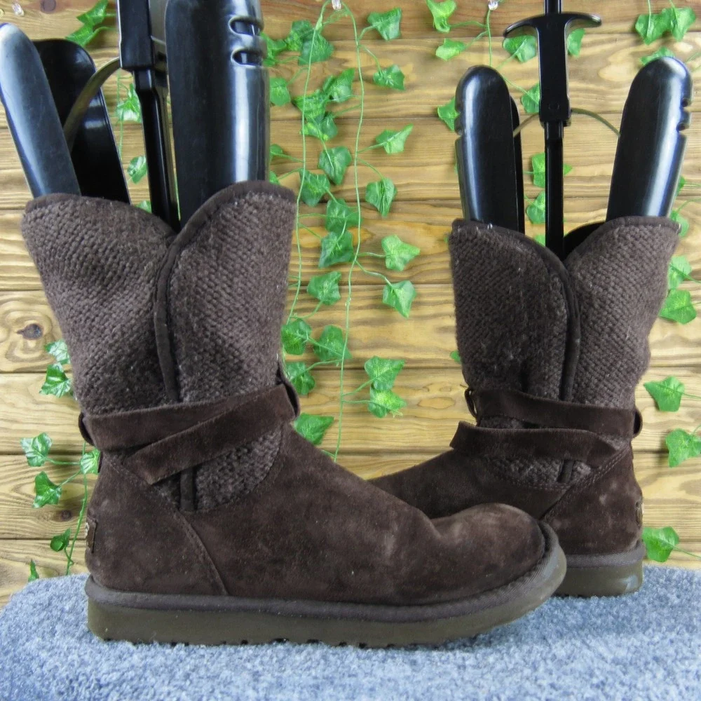 UGG Australia Nyla Women Brown Suede Knit Mid-Calf Boots Size 7‎ Shearling Lined
